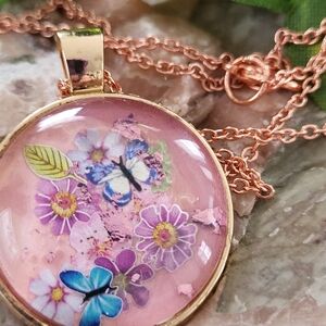 Floral Rose Gold Pendant Necklace With Handcut Butterflys